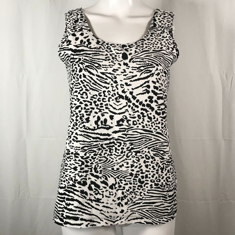 Chicos Shirt Women Sz 1 Small Black White Leopard Stretch Sleeveless Tank Top